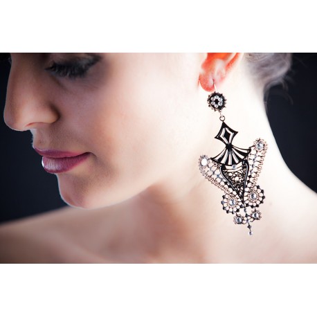 Orecchini Pizzo Macramé con Strass Swarovski, Nero, cod. 408