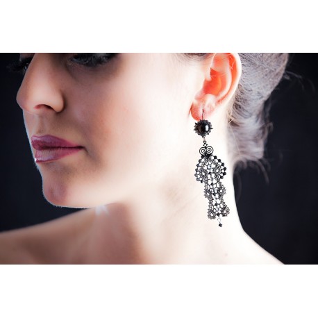 Orecchini Pizzo Macramé con Strass Swarovski, Nero, cod. 417