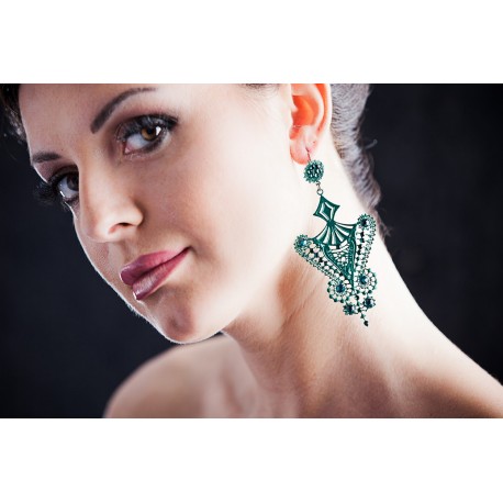 Orecchini Metallo e Pizzo con Strass Swarovski, Nero, cod. 471